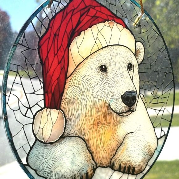 Festive Polar Bear Wearing Santa Hat Christmas Window Sun Hanging Sun Catcher - Picture 2 of 3